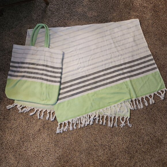 Green Gray and White Striped Beach Towel and Tote Bag Set Turkish T Cotton - Picture 1 of 8